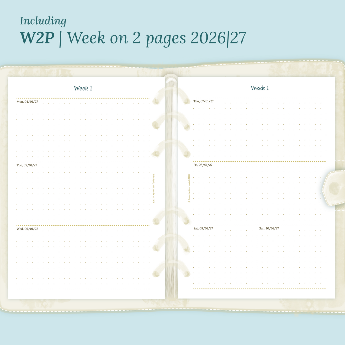 Open planner showing details of the printable planner inserts module W2P week on 2 pages for 2026 and 2027 inside this Bundle XL.