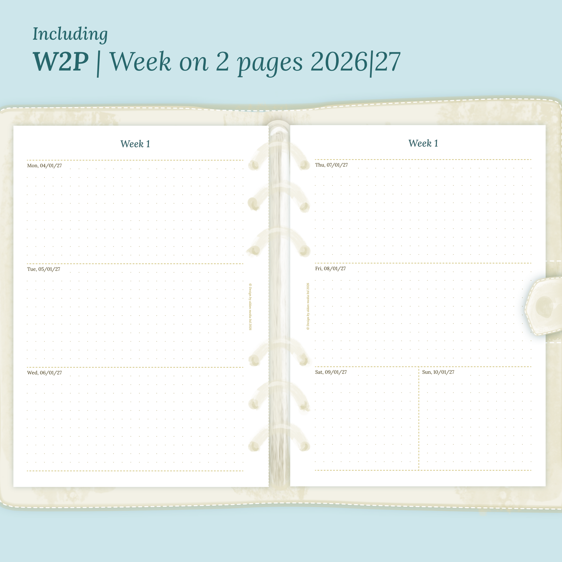 Open planner showing details of the printable planner inserts module W2P week on 2 pages for 2026 and 2027 inside this Bundle XL.