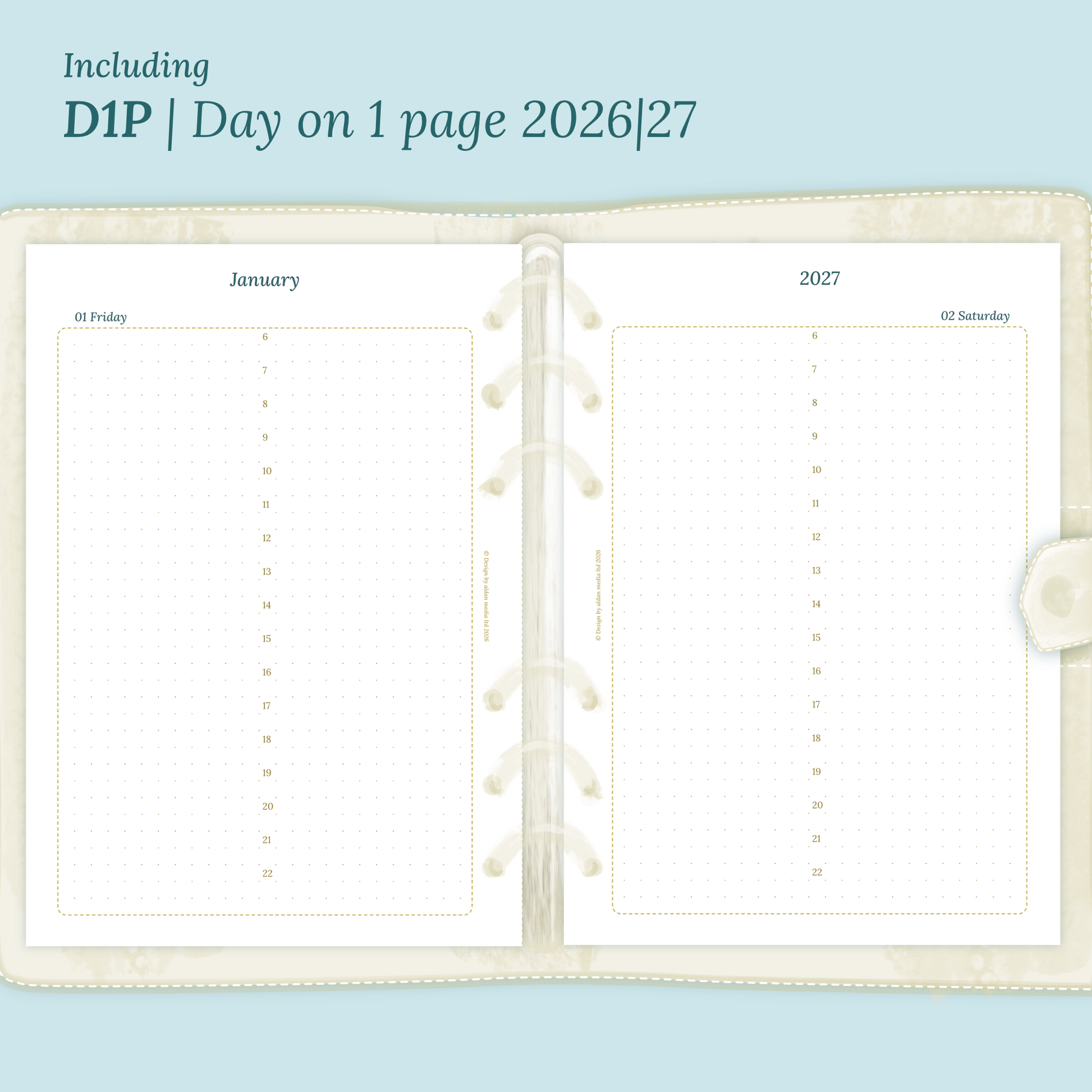 Open planner showing details of the printable planner inserts module D1P day on 1 page for 2026 and 2027 inside this Bundle XL.