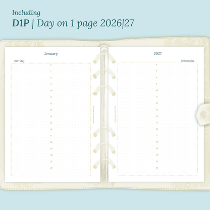 Open planner showing details of the printable planner inserts module D1P day on 1 page for 2026 and 2027 inside this Bundle XL.