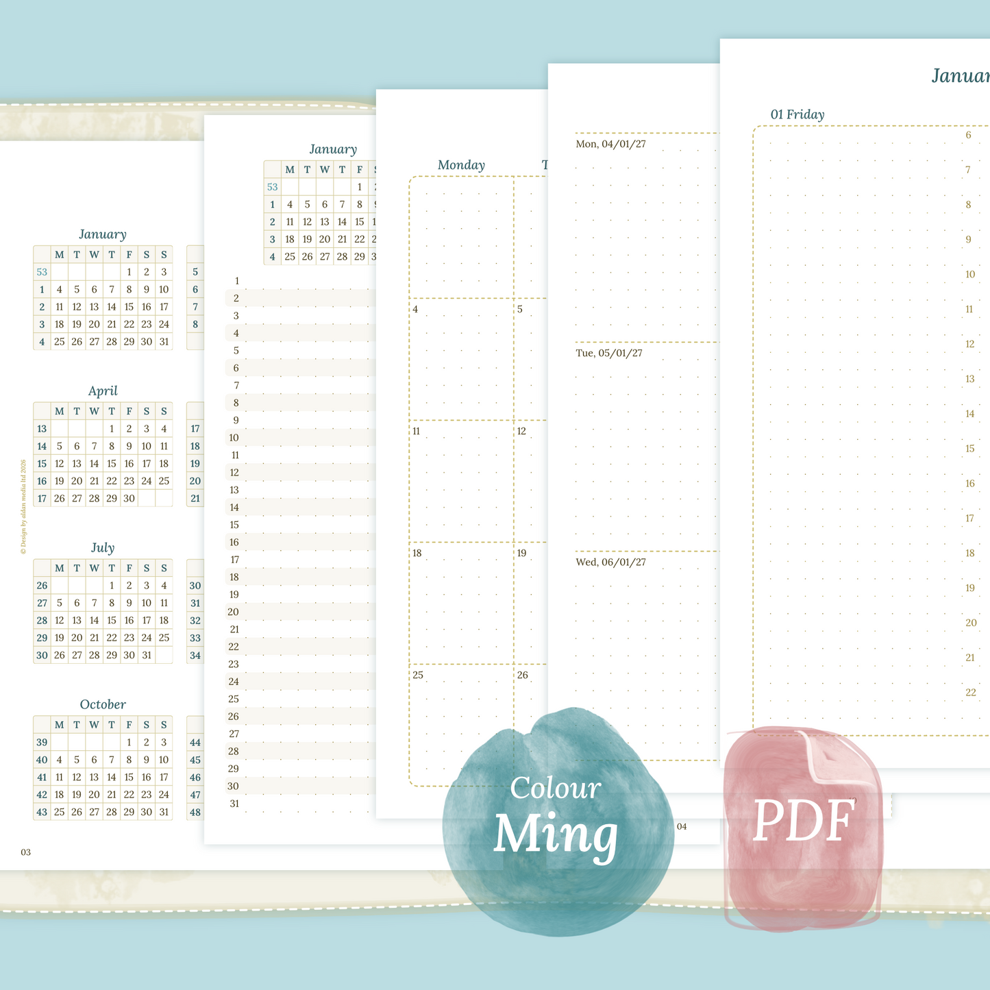 Examples featuring the printable inserts modules of the Bundle XL 12M1P 12 month on 1page or year at a glance, 2M1P 2 months on 1 page or future log, M2P month on 2 pages, W2P week on 2 pages, D1P day on 1 page and Notes in the colour Ming/Blue.
