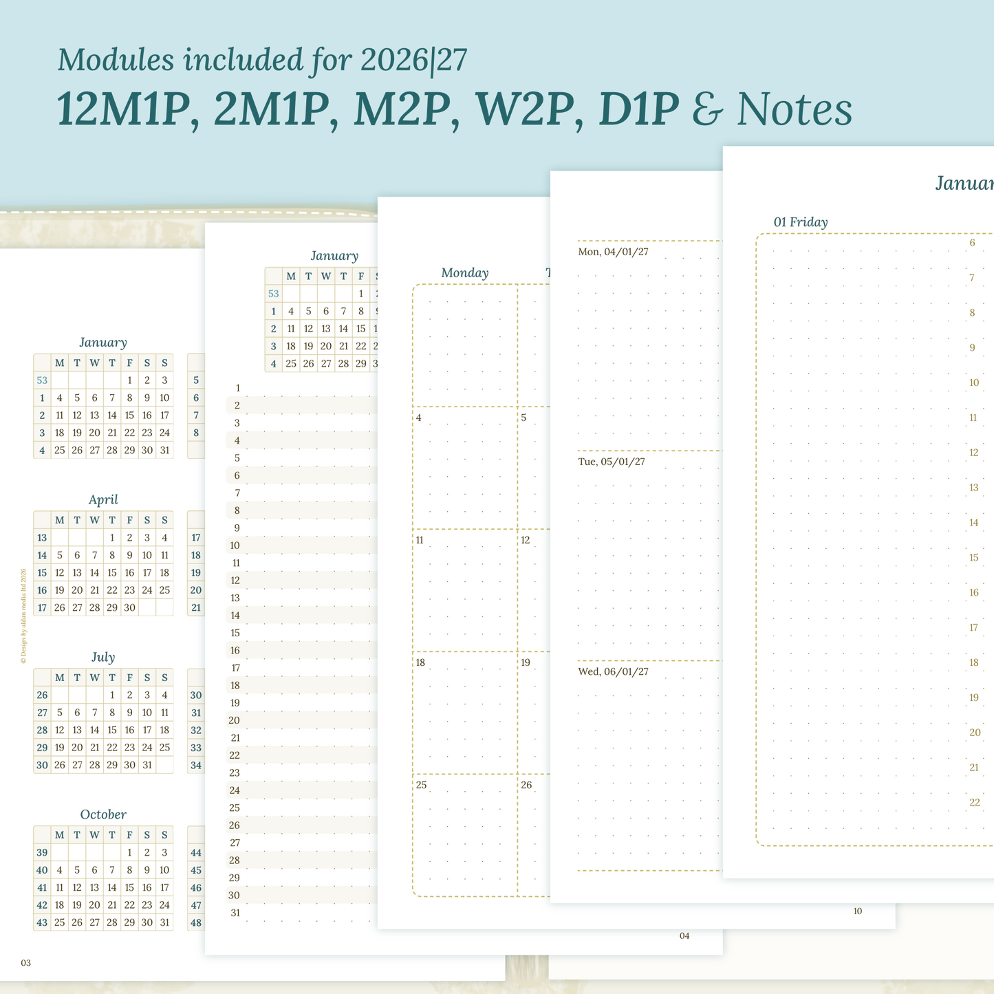 Calendar printable inserts modules for the years 2026 and 2027 with various formats on a ming/blue background featuring 12M1P 12 month on 1 page, 2M1P future log 2 months on 1 page, M2P month on 2 pages, W2P week on 2 pages, D1P day on 1 page and a notes.