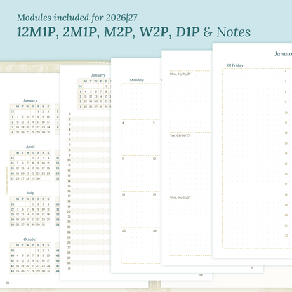 Calendar printable inserts modules for the years 2026 and 2027 with various formats on a ming/blue background featuring 12M1P 12 month on 1 page, 2M1P future log 2 months on 1 page, M2P month on 2 pages, W2P week on 2 pages, D1P day on 1 page and a notes.