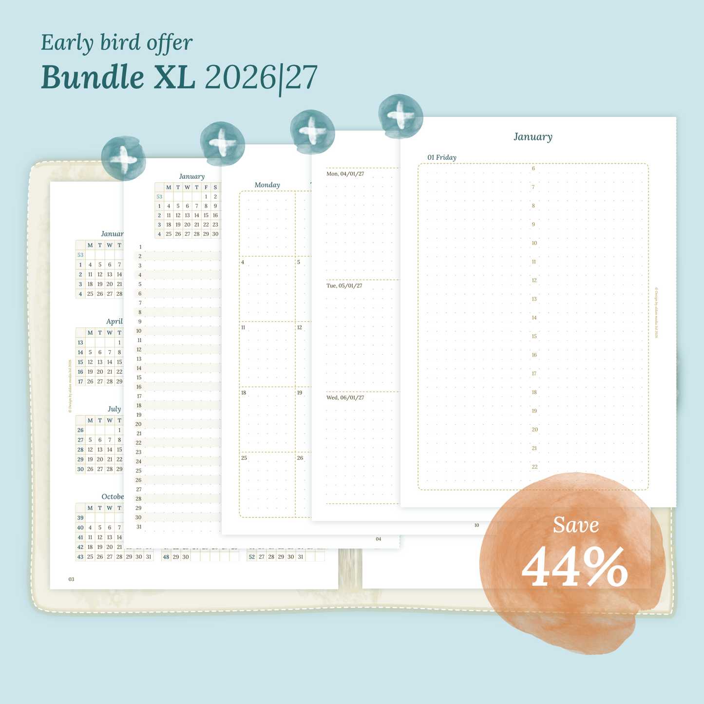 Calendar printable Bundle XL for 2026 and 2027 with early bird offer of 44% discount for A5 size 6 ring binder planner