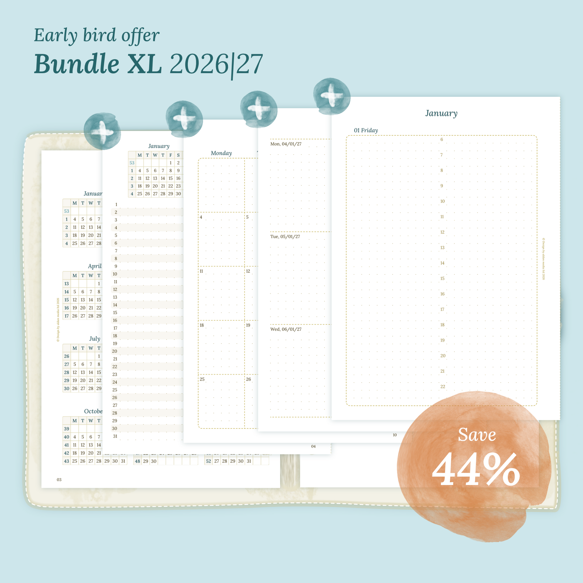 Calendar printable Bundle XL for 2026 and 2027 with early bird offer of 44% discount for A5 size 6 ring binder planner