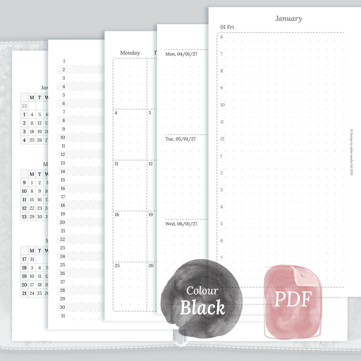 Examples featuring the PDF printable inserts modules of the Bundle XL 12M2P 12 month on 2 pages or year at a glance, M1P month on 1 page or future log, M2P month on 2 pages, W2P week on 2 pages, D1P day on 1 page and Notes in the colour Black & White in Personal size for 6 ring binder.