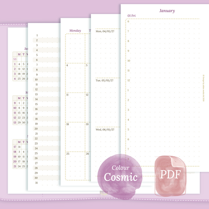 Examples featuring the PDF printable inserts modules of the Bundle XL 12M2P 12 month on 2 pages or year at a glance, M1P month on 1 page or future log, M2P month on 2 pages, W2P week on 2 pages, D1P day on 1 page and Notes in the colour Cosmic/Raspberry in Personal size for 6 ring binder.