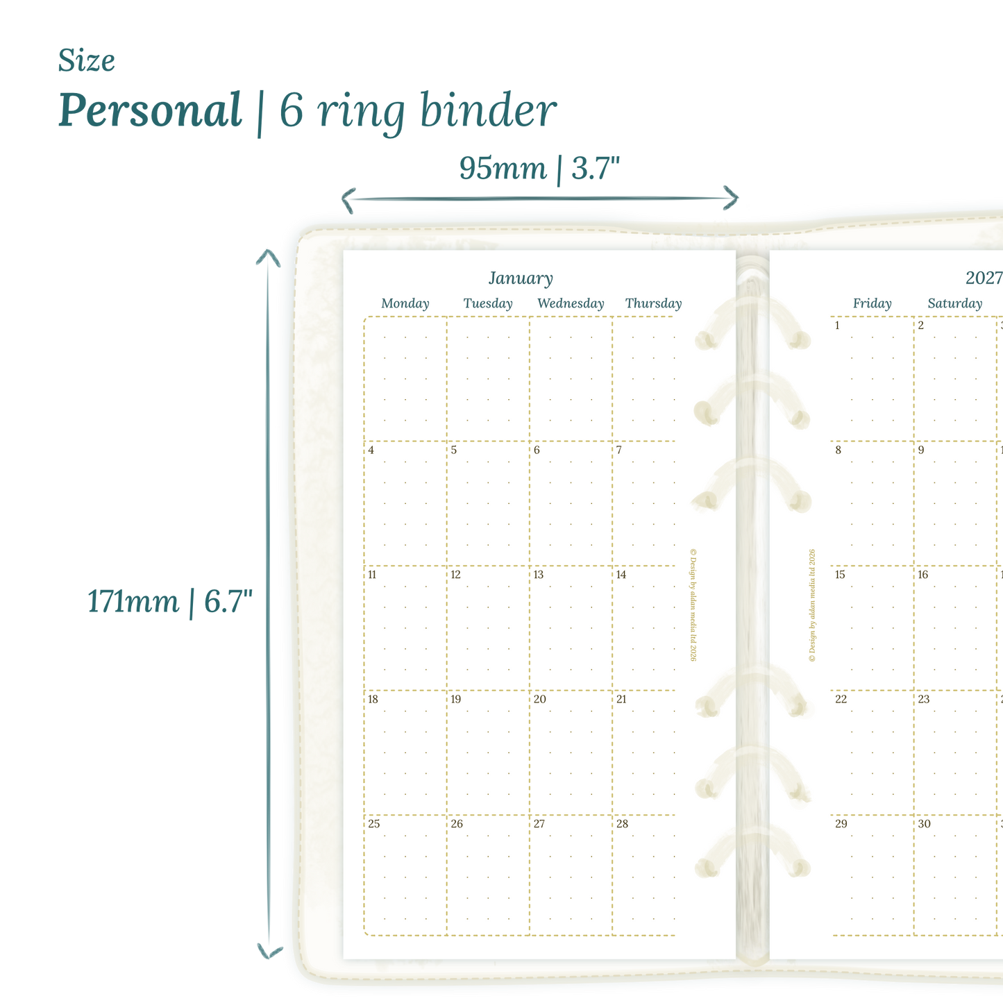Printable PDF calendar planner insert with dimensions labeled on a white background to show the size supported which is Personal for 6 ring binder.