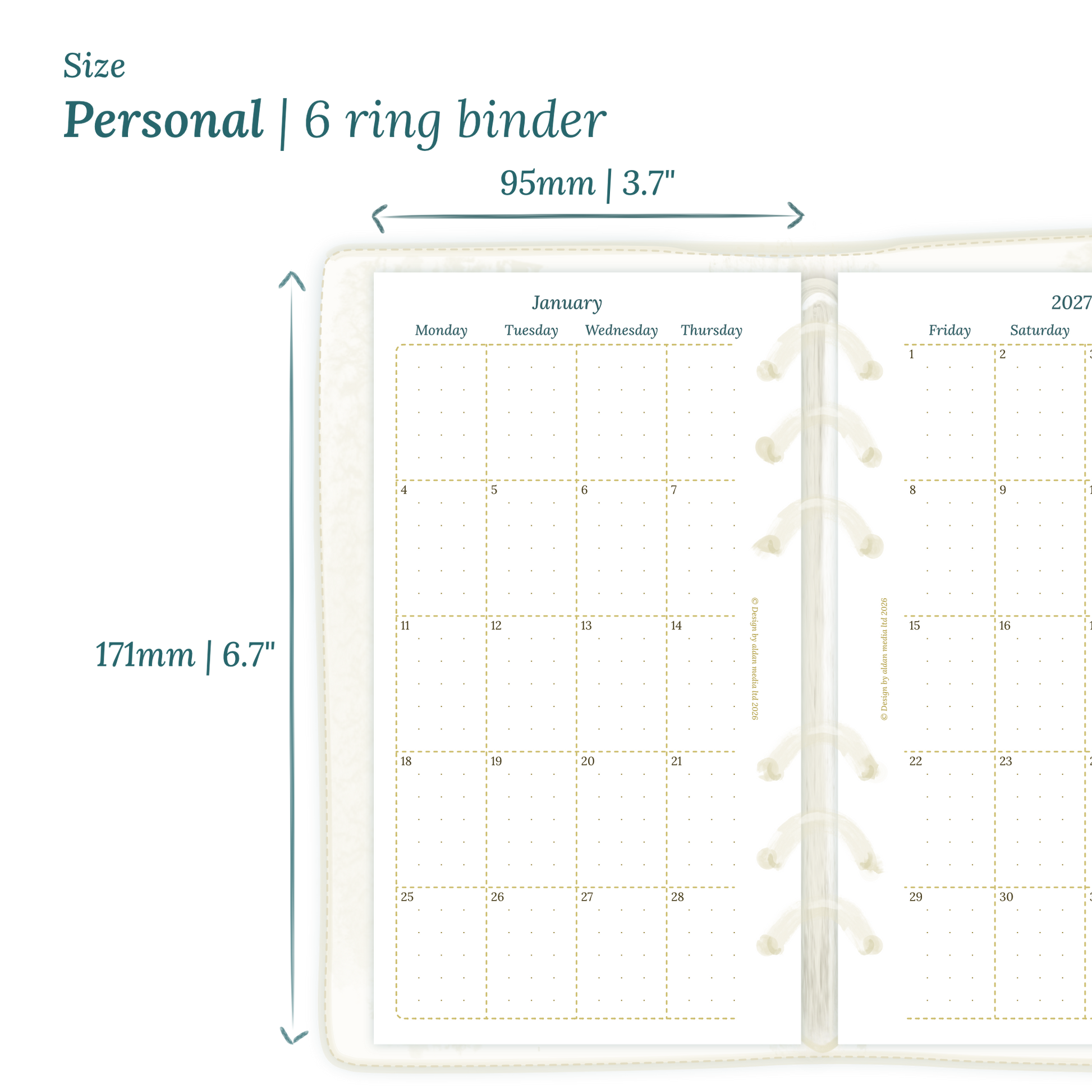 Printable PDF calendar planner insert with dimensions labeled on a white background to show the size supported which is Personal for 6 ring binder.