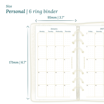 Printable PDF calendar planner insert with dimensions labeled on a white background to show the size supported which is Personal for 6 ring binder.