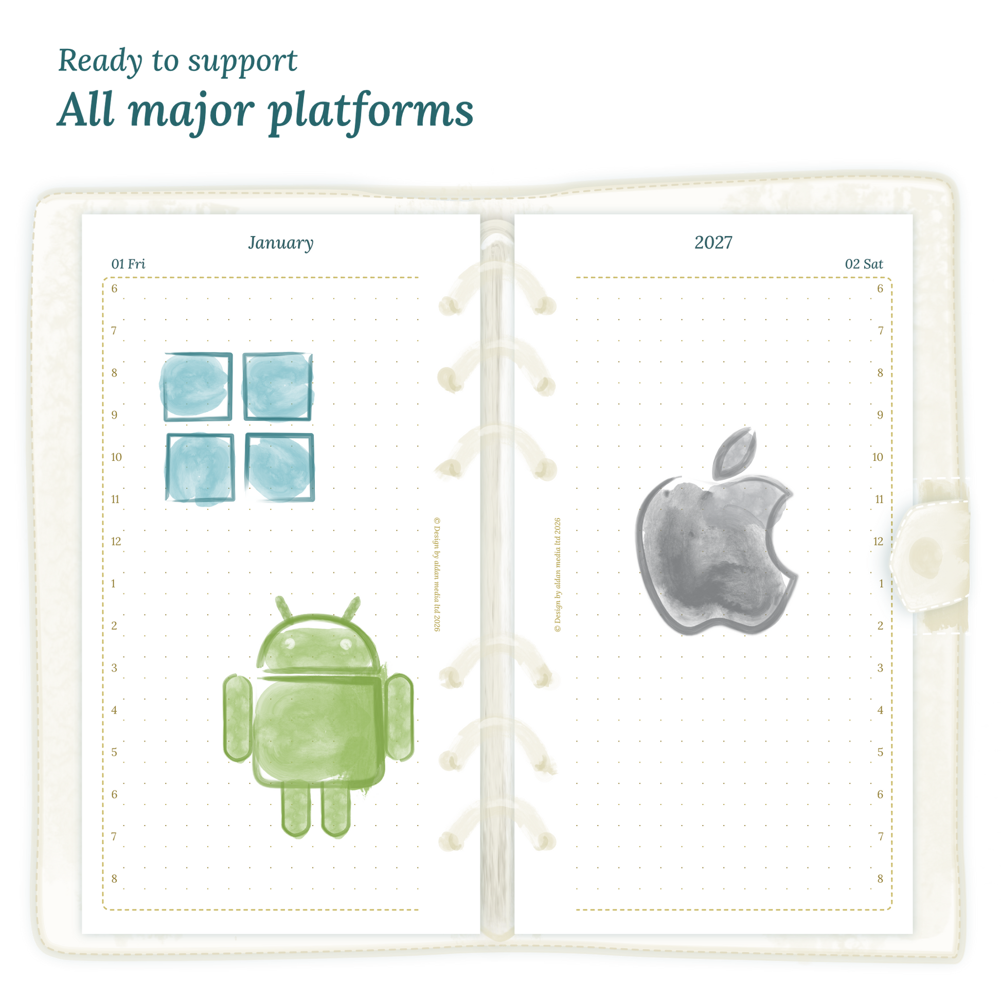 Open planner calendar insert with Windows, Android and Apple logos on a white background to show what operating systems are supported by our PDF printables.