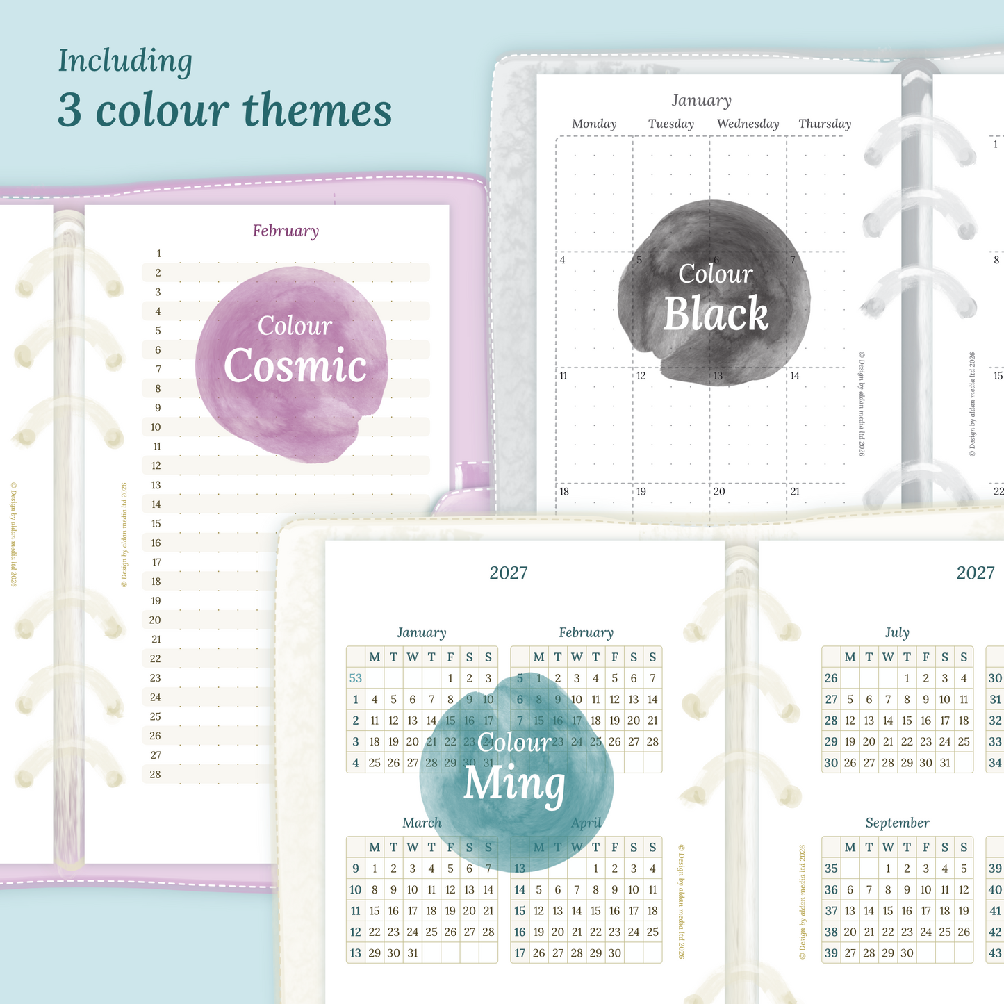Three colour variants of the calendar designs with colour themes ‚Cosmic/Raspberry', 'Black', and ‚Ming/Blue' displayed to show how the different modules of the Bundle XL look like in Personal size for 6 ring binder.
