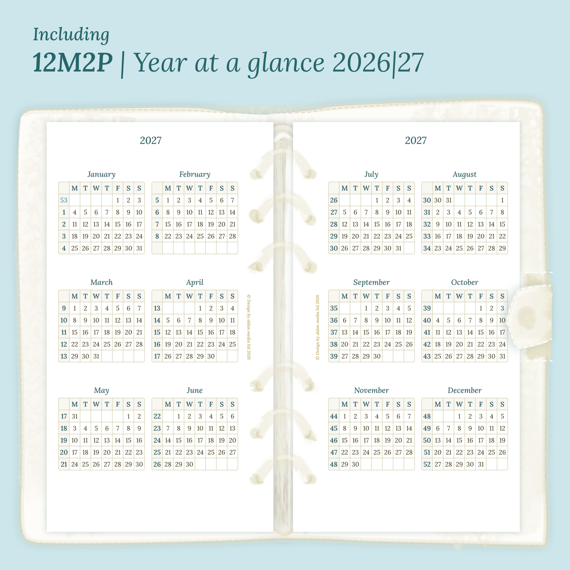 Open planner showing details of the PDF printable planner inserts module  12M2P 12 months on 2 pages for 2026 & 2027 inside this Bundle XL