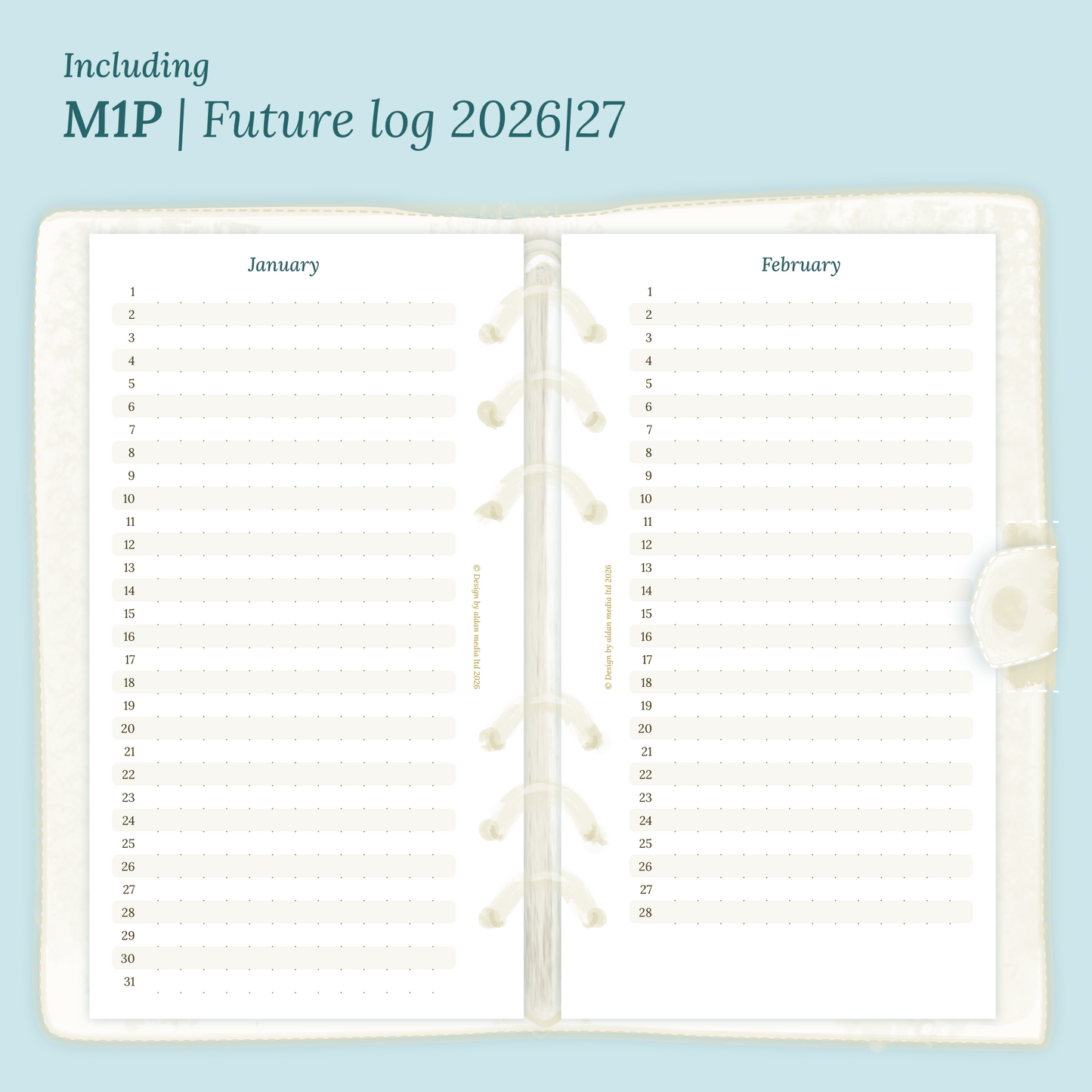 Open planner showing details of the PDF printable planner inserts module M1P future log month on 1 page for 2026 & 2027 inside this Bundle XL