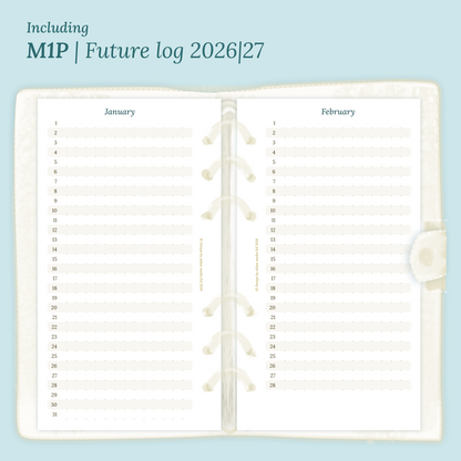 Open planner showing details of the PDF printable planner inserts module M1P future log month on 1 page for 2026 & 2027 inside this Bundle XL
