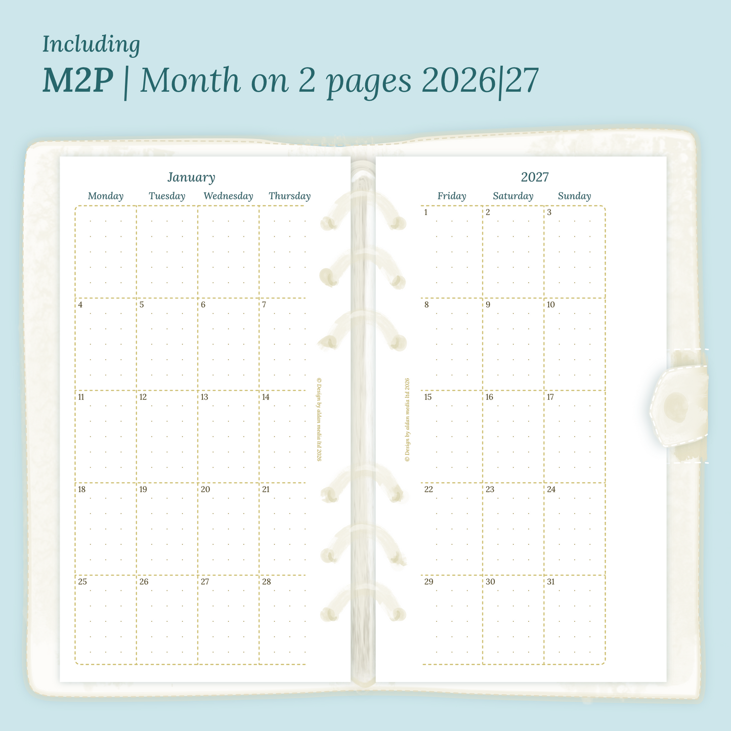 Open planner showing details of the PDF printable planner inserts module M2P month on 2 pages for 2026 and 2027 inside this Bundle XL in Personal size for 6 ring binder.
