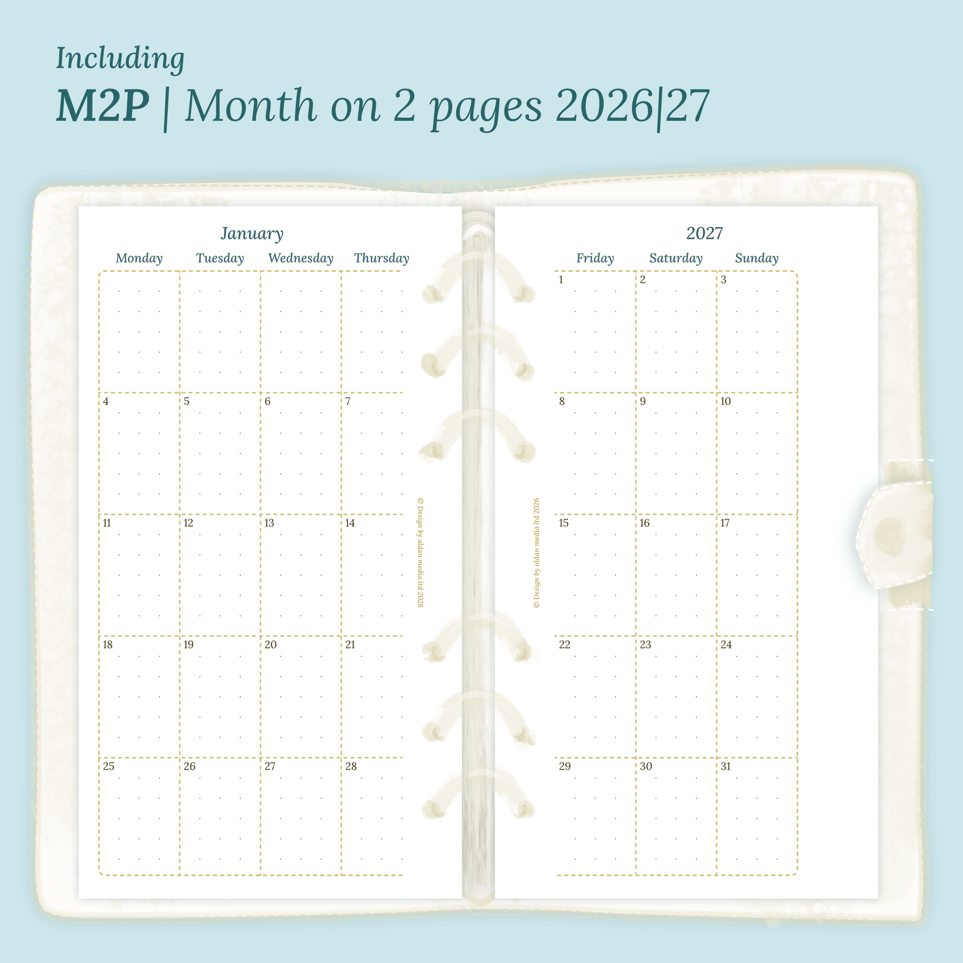 Open planner showing details of the PDF printable planner inserts module M2P month on 2 pages for 2026 and 2027 inside this Bundle XL in Personal size for 6 ring binder.