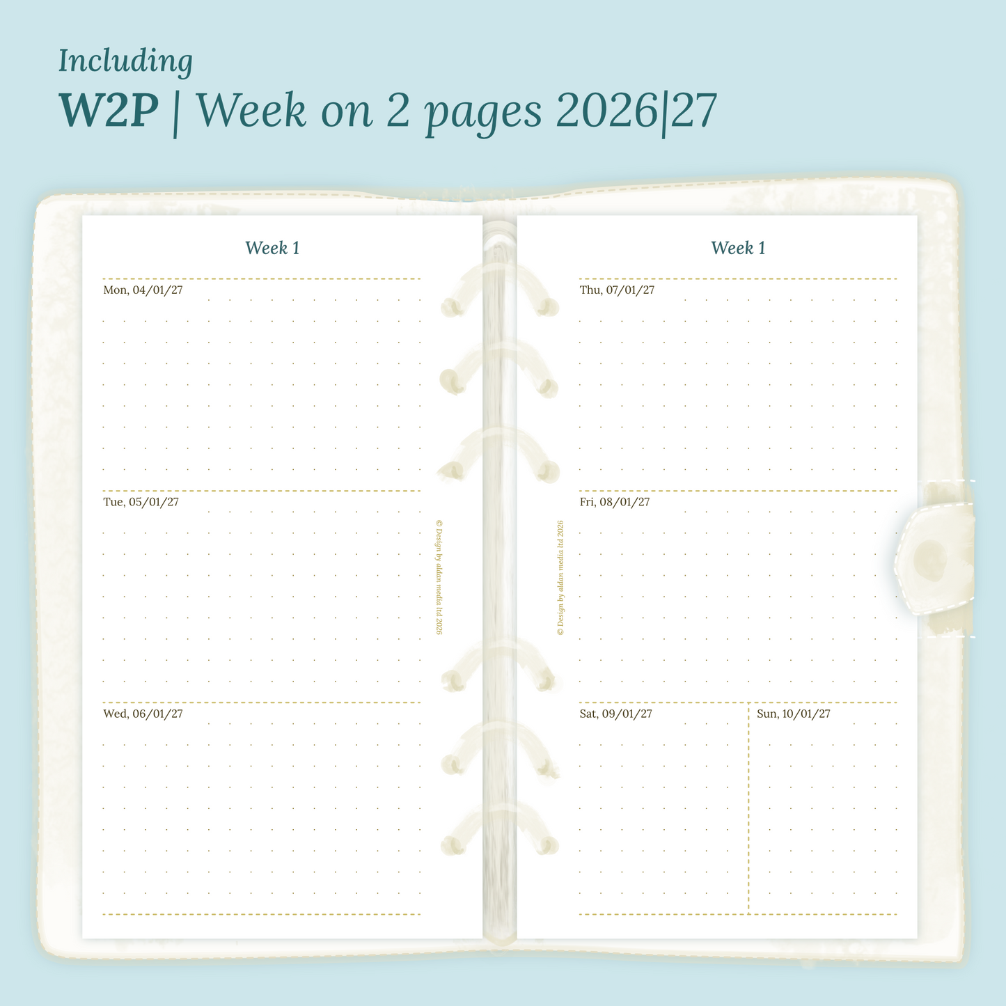 Open planner showing details of the PDF printable planner inserts module W2P week on 2 pages for 2026 and 2027 inside this Bundle XL in Personal size for 6 ring binder.