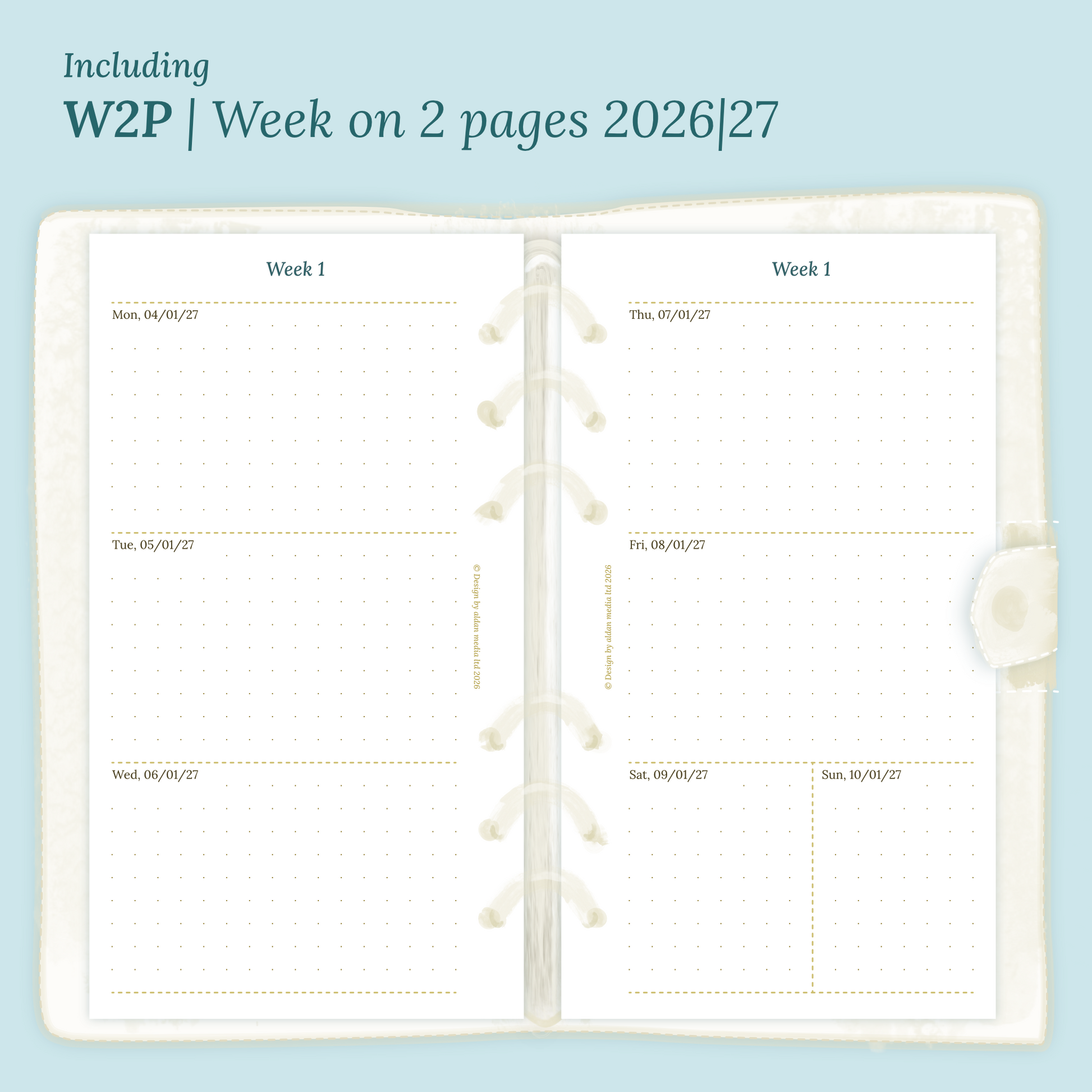 Open planner showing details of the PDF printable planner inserts module W2P week on 2 pages for 2026 and 2027 inside this Bundle XL in Personal size for 6 ring binder.