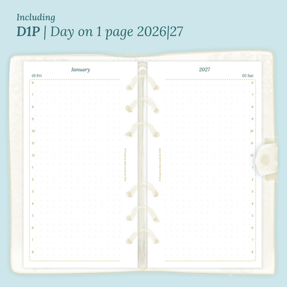 Open planner showing details of the PDF printable planner inserts module D1P day on 1 page for 2026 and 2027 inside this Bundle XL in Personal size for 6 ring binder.