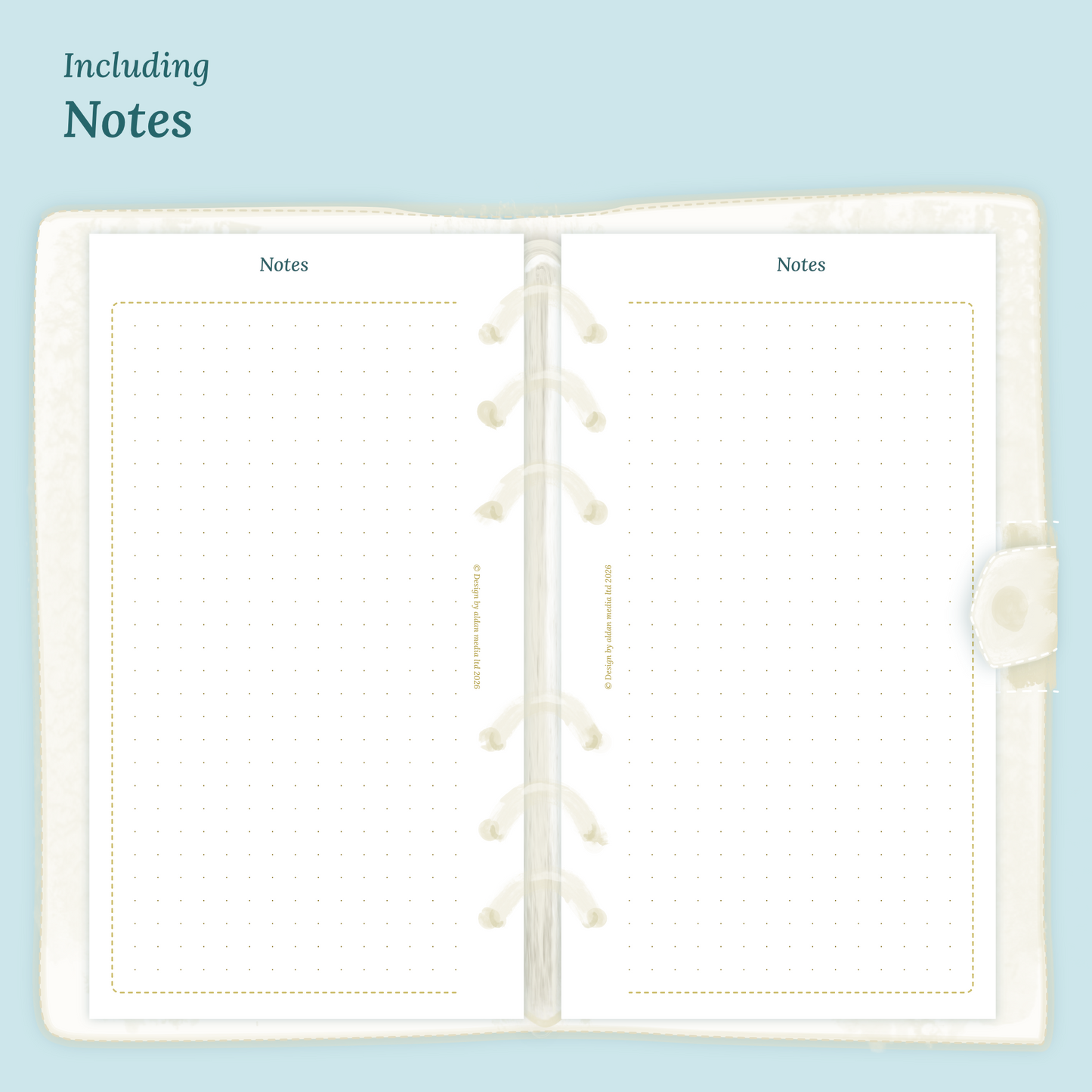 Open planner showing details of the PDF printable planner inserts module Notes for 2027 inside this Bundle XL in Personal size for 6 ring binder.