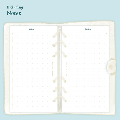 Open planner showing details of the PDF printable planner inserts module Notes for 2027 inside this Bundle XL in Personal size for 6 ring binder.