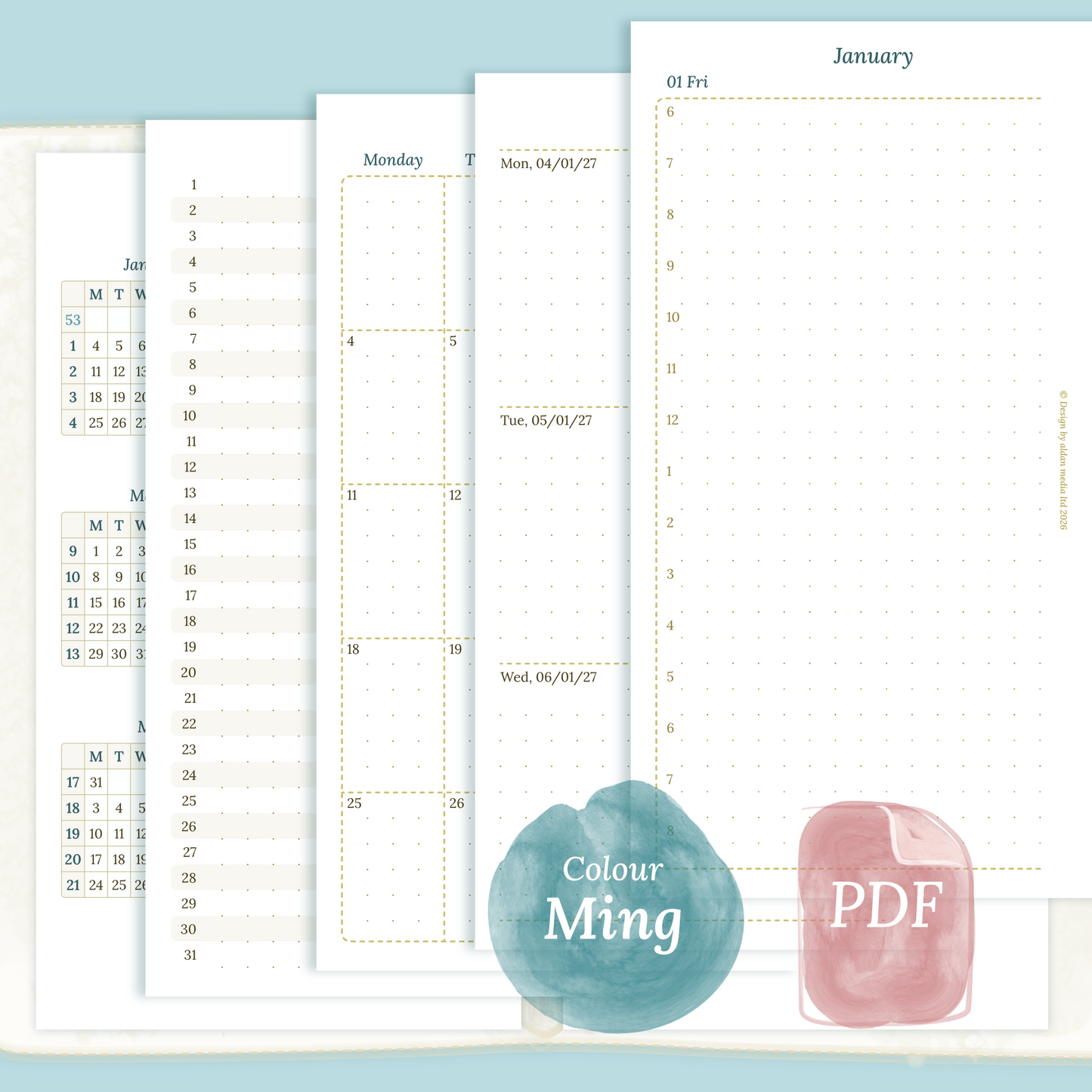 Examples featuring the PDF printable inserts modules of the Bundle XL 12M2P 12 month on 2 pages or year at a glance, M1P month on 1 page or future log, M2P month on 2 pages, W2P week on 2 pages, D1P day on 1 page and Notes in the colour Ming/Blue in Personal size for 6 ring binder.