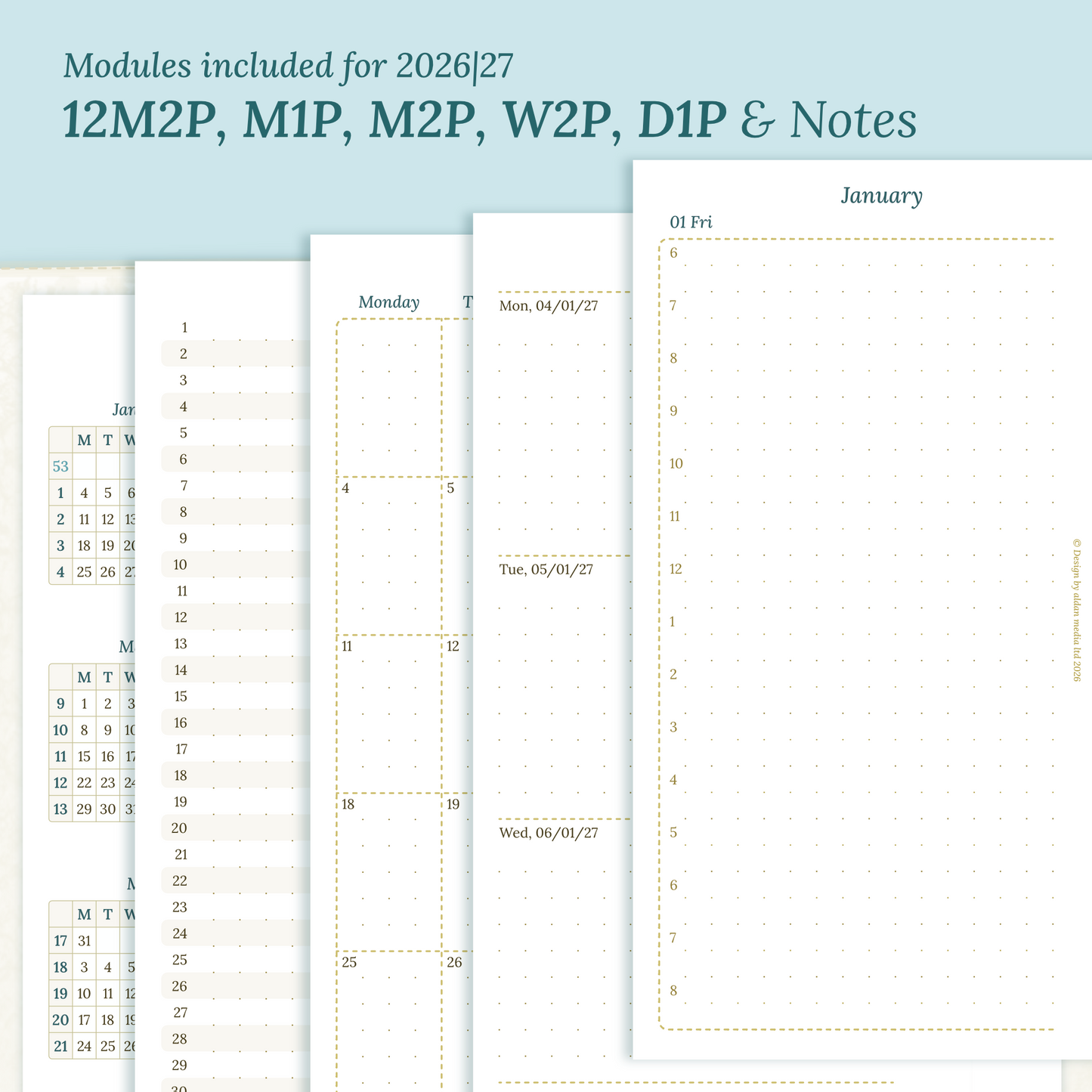 Calendar PDF printable inserts modules for the years 2026 and 2027 with various formats on a ming/blue background featuring 12M2P 12 month on 2 pages, 2M1P future log months on 1 page, M2P month on 2 pages, W2P week on 2 pages, D1P day on 1 page and a Notes.