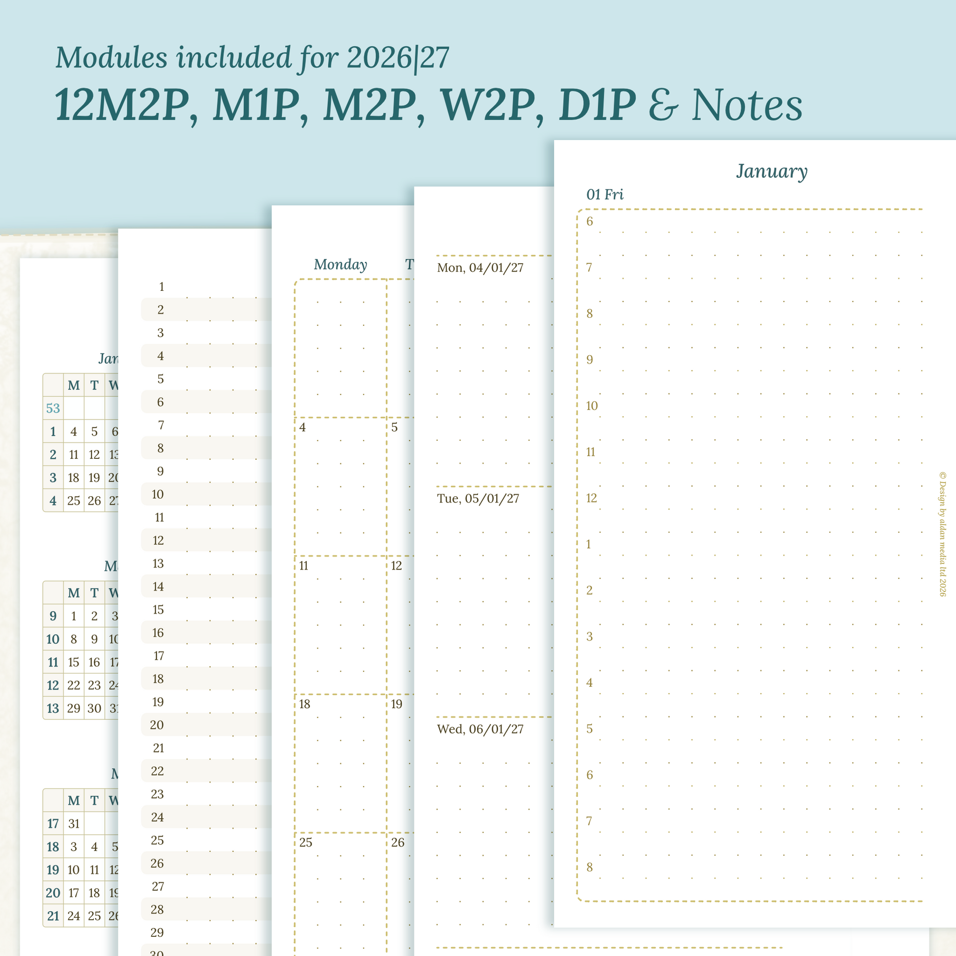 Calendar PDF printable inserts modules for the years 2026 and 2027 with various formats on a ming/blue background featuring 12M2P 12 month on 2 pages, 2M1P future log months on 1 page, M2P month on 2 pages, W2P week on 2 pages, D1P day on 1 page and a Notes.