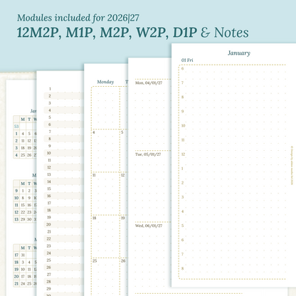 Calendar PDF printable inserts modules for the years 2026 and 2027 with various formats on a ming/blue background featuring 12M2P 12 month on 2 pages, 2M1P future log months on 1 page, M2P month on 2 pages, W2P week on 2 pages, D1P day on 1 page and a Notes.