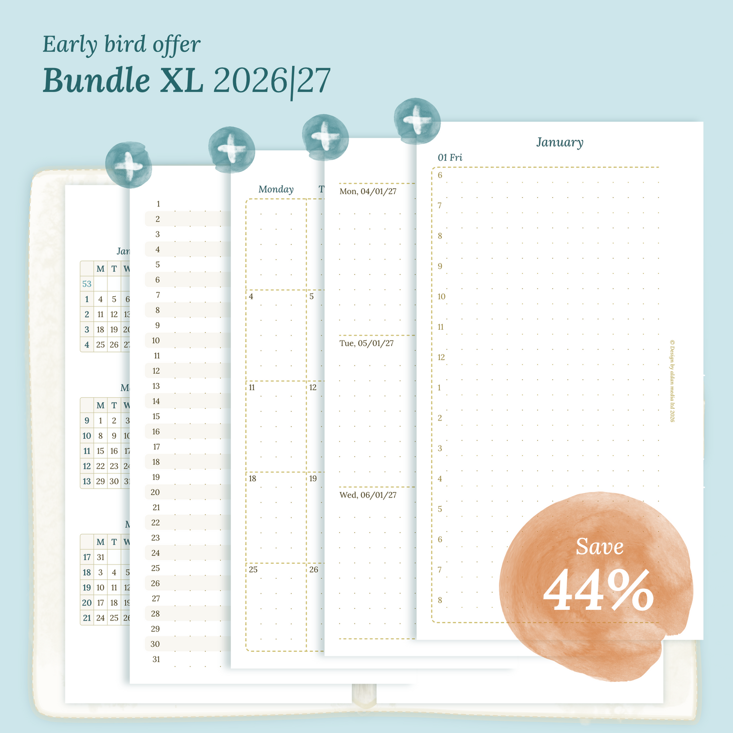 Calendar printable Bundle XL for 2026 and 2027 with early bird offer of 44% discount for Personal size 6 ring binder planner