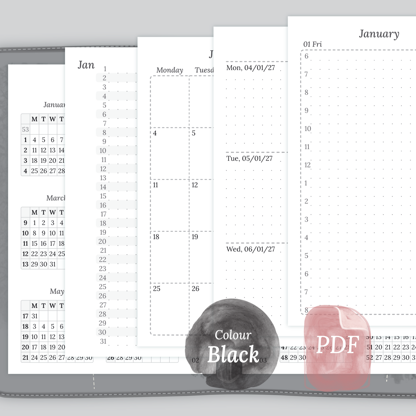 Examples featuring the PDF printable inserts modules of the Bundle XL 12M2P 12 month on 2 pages or year at a glance, M1P month on 1 page or future log, M2P month on 2 pages, W2P week on 2 pages, D1P day on 1 page and Notes in the colour Black & White in Pocket size for 6 ring binder.