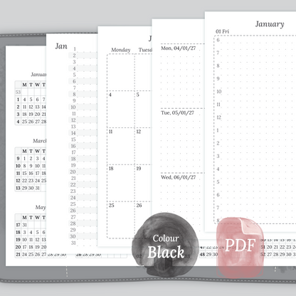 Examples featuring the PDF printable inserts modules of the Bundle XL 12M2P 12 month on 2 pages or year at a glance, M1P month on 1 page or future log, M2P month on 2 pages, W2P week on 2 pages, D1P day on 1 page and Notes in the colour Black & White in Pocket size for 6 ring binder.
