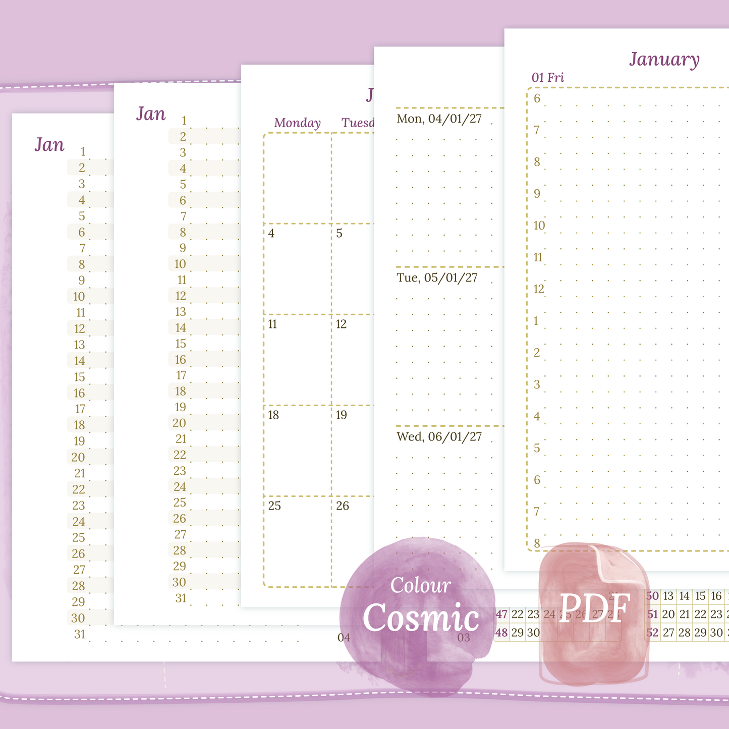 Examples featuring the PDF printable inserts modules of the Bundle XL 12M2P 12 month on 2 pages or year at a glance, M1P month on 1 page or future log, M2P month on 2 pages, W2P week on 2 pages, D1P day on 1 page and Notes in the colour Cosmic/Raspberry in Pocket size for 6 ring binder.