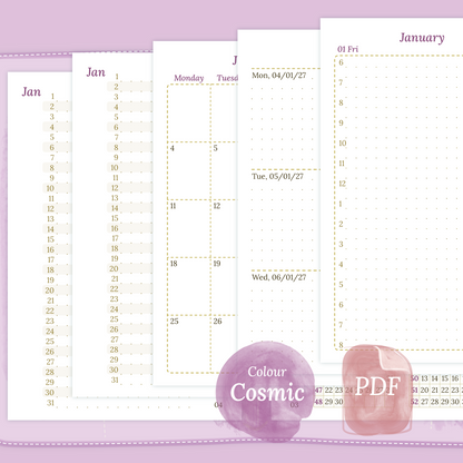 Examples featuring the PDF printable inserts modules of the Bundle XL 12M2P 12 month on 2 pages or year at a glance, M1P month on 1 page or future log, M2P month on 2 pages, W2P week on 2 pages, D1P day on 1 page and Notes in the colour Cosmic/Raspberry in Pocket size for 6 ring binder.