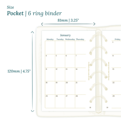Printable PDF calendar planner insert with dimensions labeled on a white background to show the size supported which is Pocket for 6 ring binder.