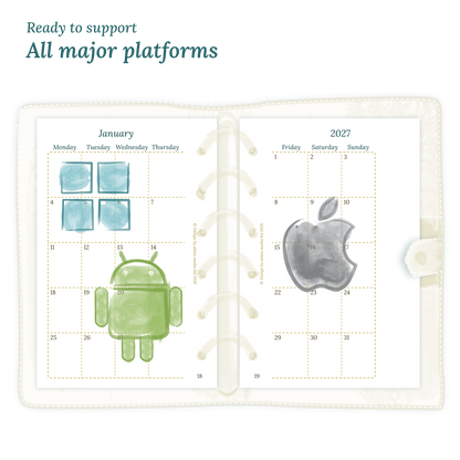 Open planner calendar insert with Windows, Android and Apple logos on a white background to show what operating systems are supported by our PDF printables.