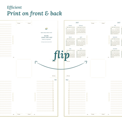 Showing 2 pages of the planner to illustrate the possibility to print our PDF printables on both sides of any DIN A4 page to get planner inserts in Pocket size for 6 ring binders.