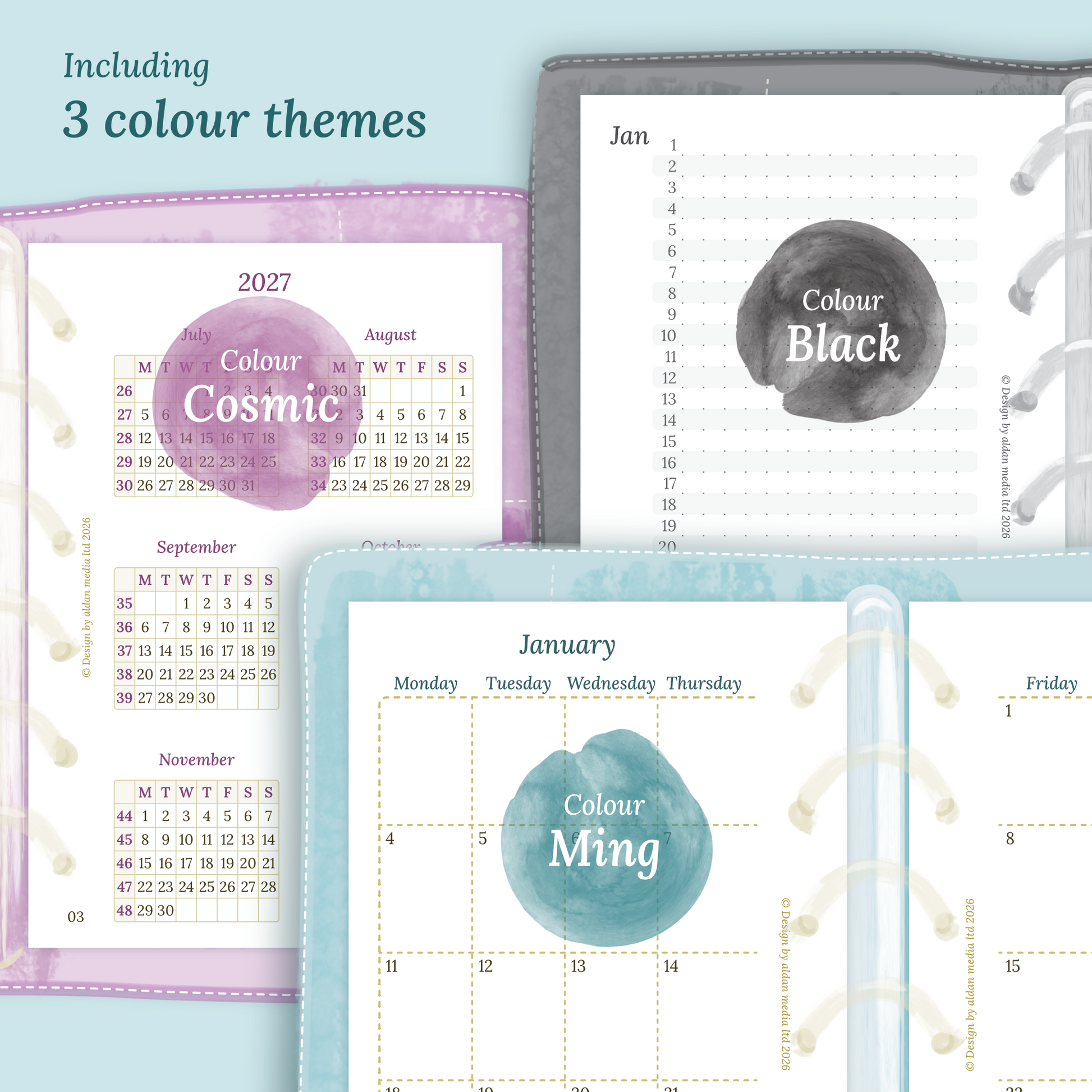 Three colour variants of the calendar designs with colour themes ‚Cosmic/Raspberry', 'Black', and ‚Ming/Blue' displayed to show how the different modules of the Bundle XL look like in Pocket size for 6 ring binder.