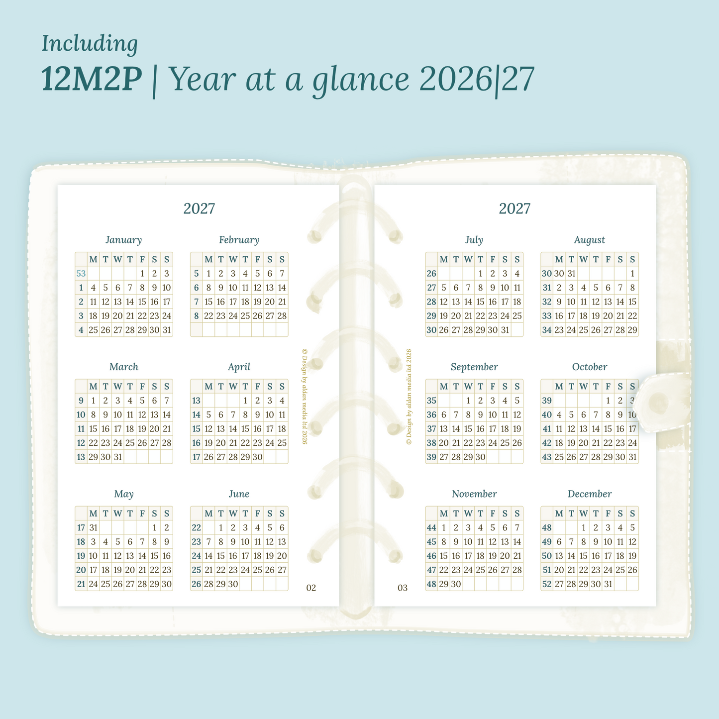 Open planner showing details of the PDF printable planner inserts module  12M2P 12 months on 2 pages for 2026 & 2027 inside this Bundle XL