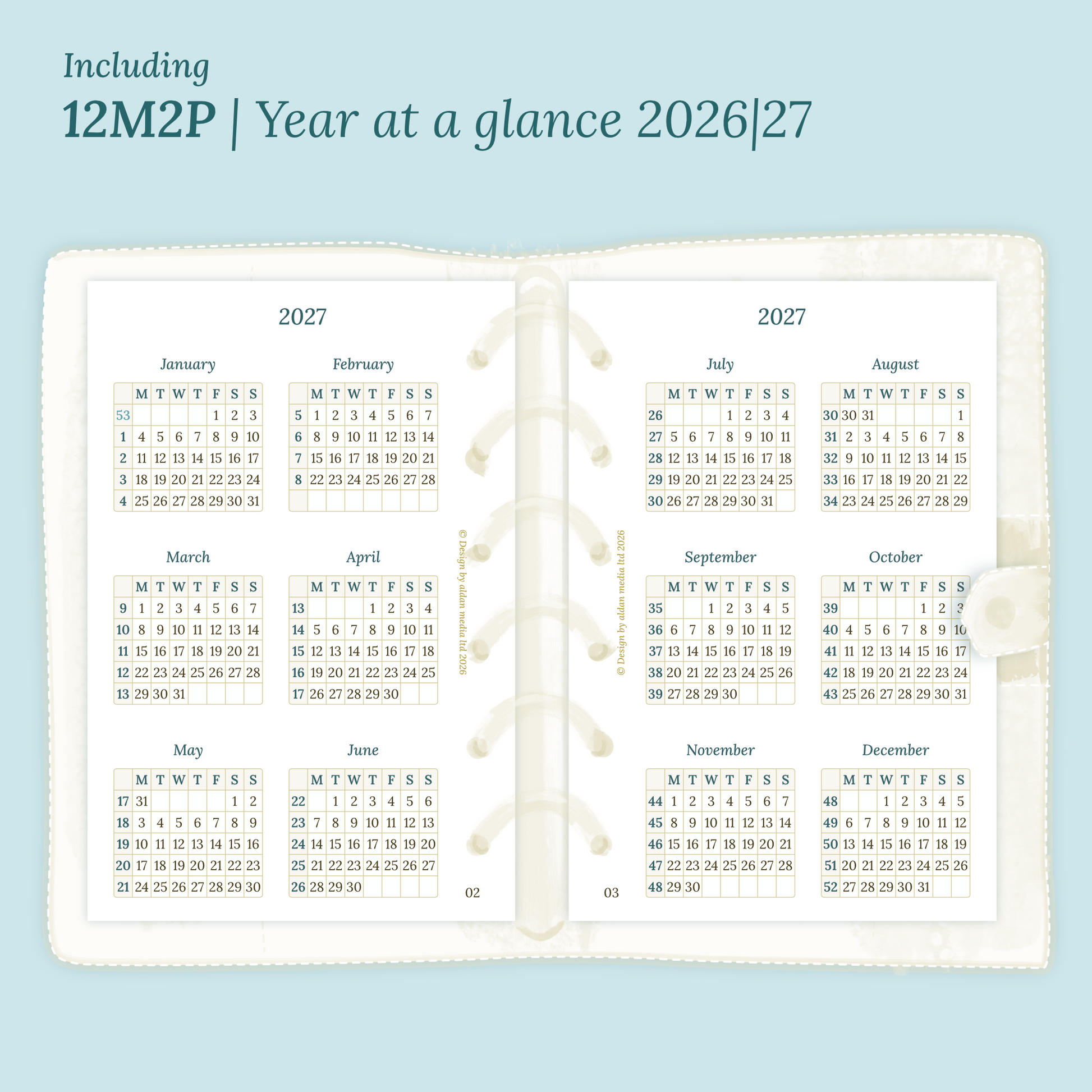 Open planner showing details of the PDF printable planner inserts module  12M2P 12 months on 2 pages for 2026 & 2027 inside this Bundle XL