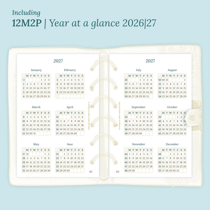 Open planner showing details of the PDF printable planner inserts module  12M2P 12 months on 2 pages for 2026 & 2027 inside this Bundle XL