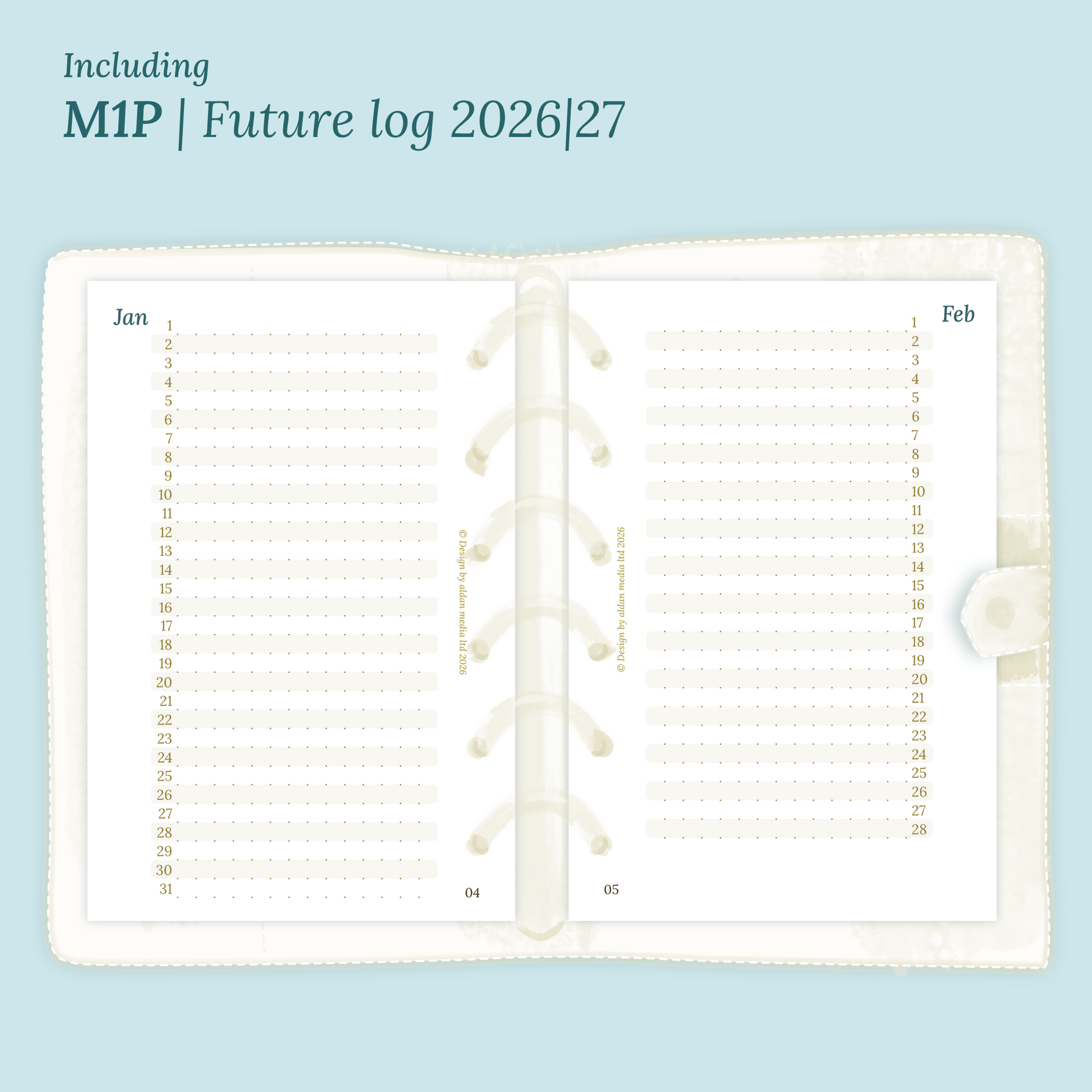 Open planner showing details of the PDF printable planner inserts module M1P future log month on 1 page for 2026 & 2027 inside this Bundle XL