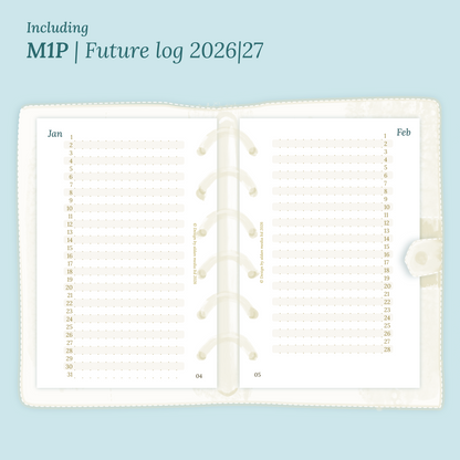 Open planner showing details of the PDF printable planner inserts module M1P future log month on 1 page for 2026 & 2027 inside this Bundle XL