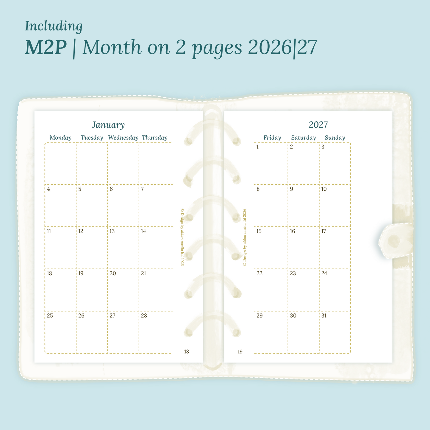 Open planner showing details of the PDF printable planner inserts module M2P month on 2 pages for 2026 and 2027 inside this Bundle XL in Pocket size for 6 ring binder.