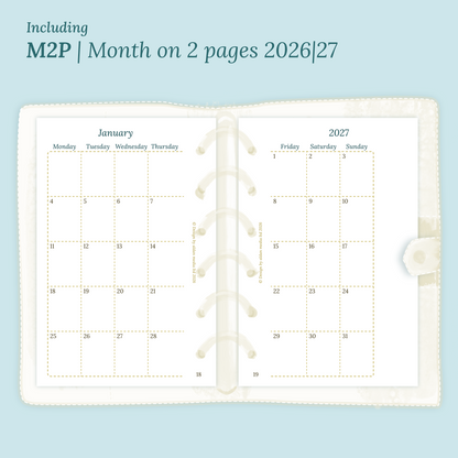 Open planner showing details of the PDF printable planner inserts module M2P month on 2 pages for 2026 and 2027 inside this Bundle XL in Pocket size for 6 ring binder.