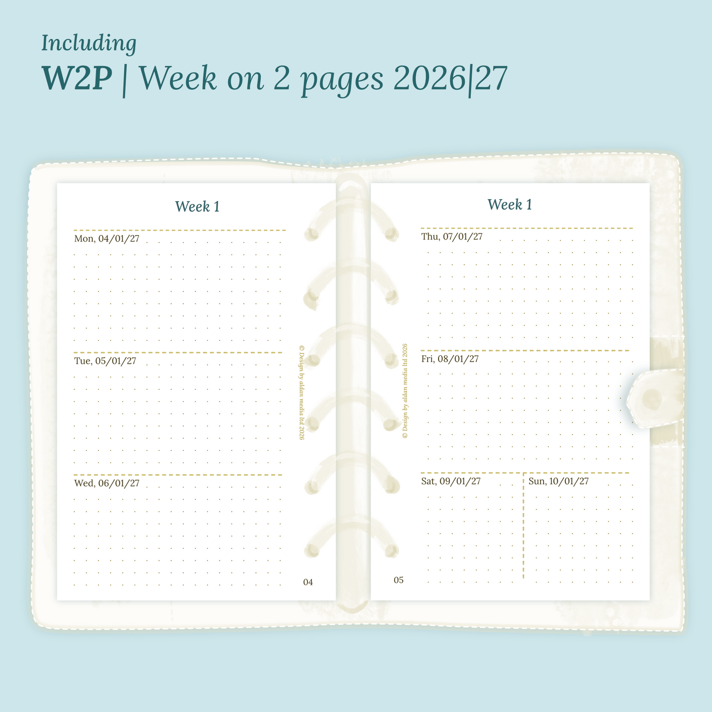 Open planner showing details of the PDF printable planner inserts module W2P week on 2 pages for 2026 and 2027 inside this Bundle XL in Pocket size for 6 ring binder.