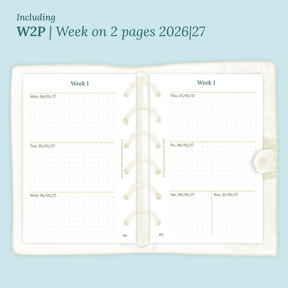 Open planner showing details of the PDF printable planner inserts module W2P week on 2 pages for 2026 and 2027 inside this Bundle XL in Pocket size for 6 ring binder.