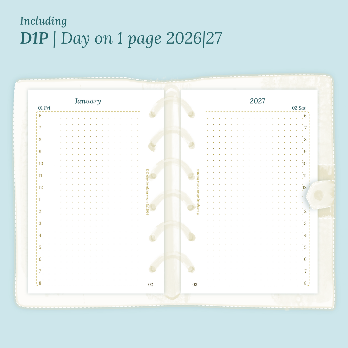 Open planner showing details of the PDF printable planner inserts module D1P day on 1 page for 2026 and 2027 inside this Bundle XL in Pocket size for 6 ring binder.