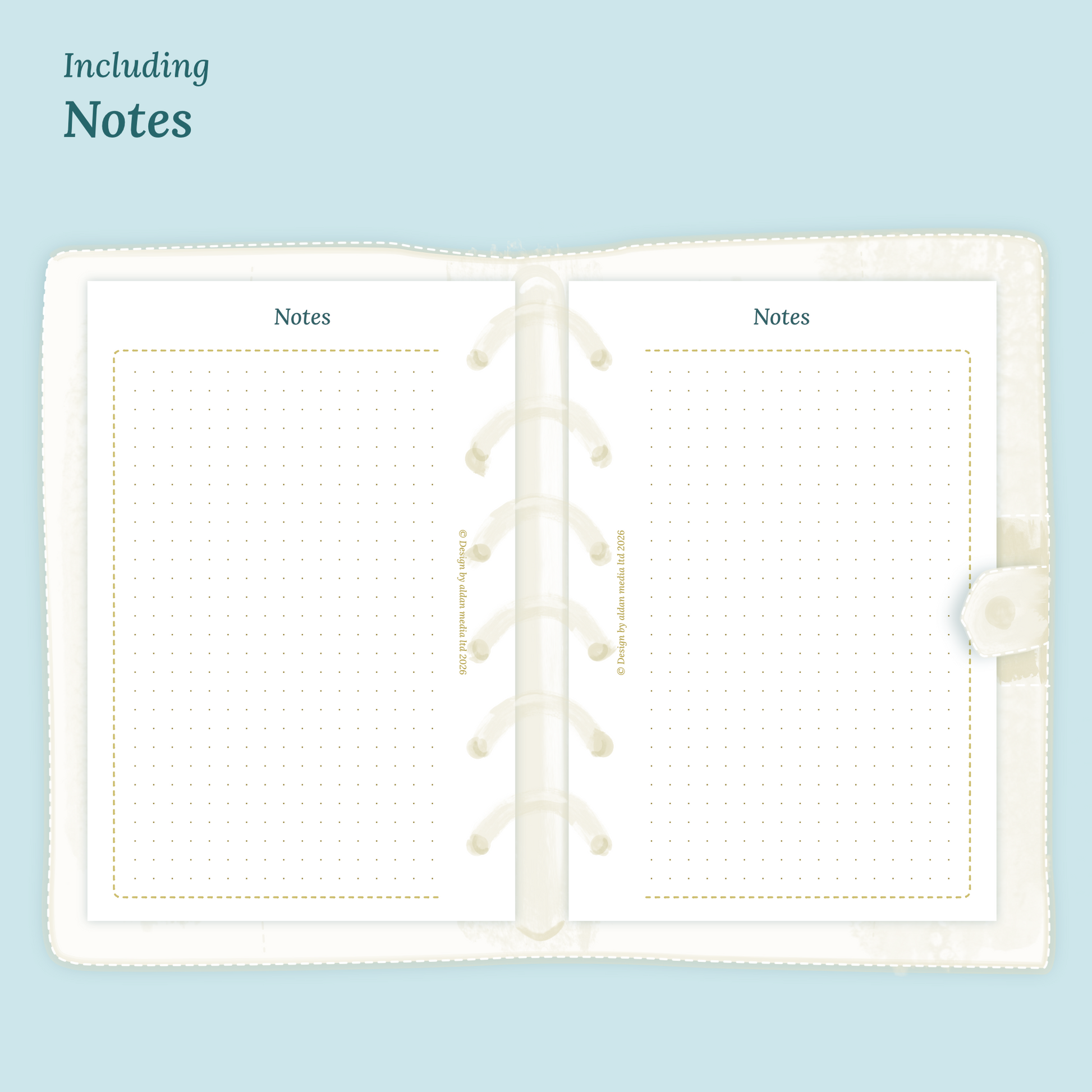 Open planner showing details of the PDF printable planner inserts module Notes for 2027 inside this Bundle XL in Pocket size for 6 ring binder.